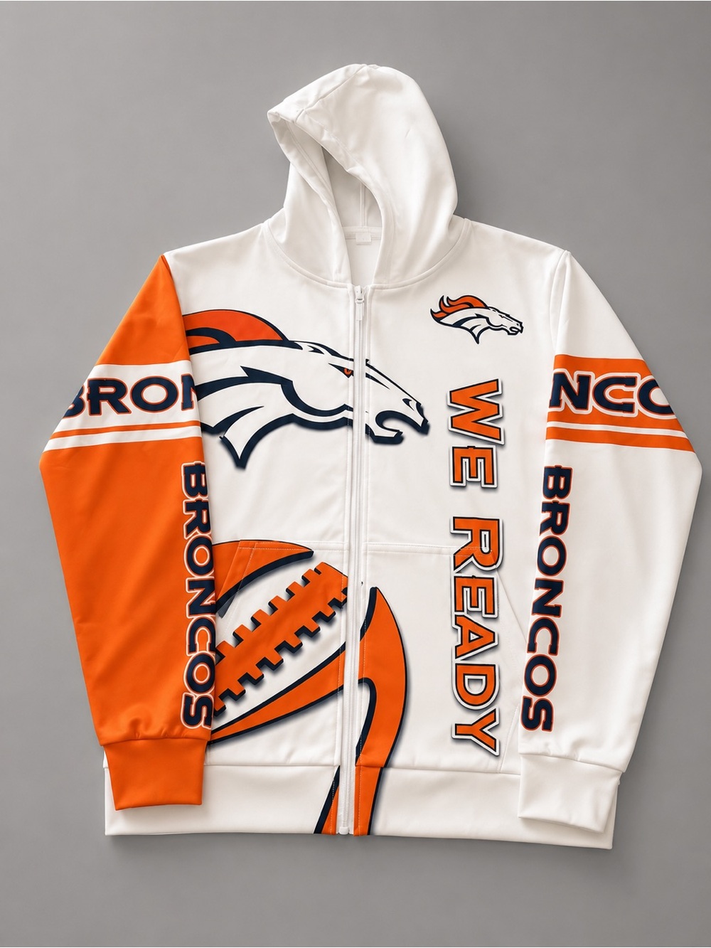 Denver Broncos White & Orange Full-Zip Hoodie